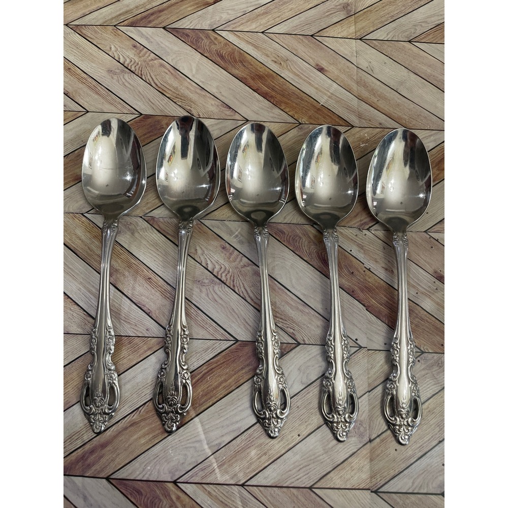 Vintage Oneida Community Stainless Steel Spoon Set Ornate Rose Handle 5